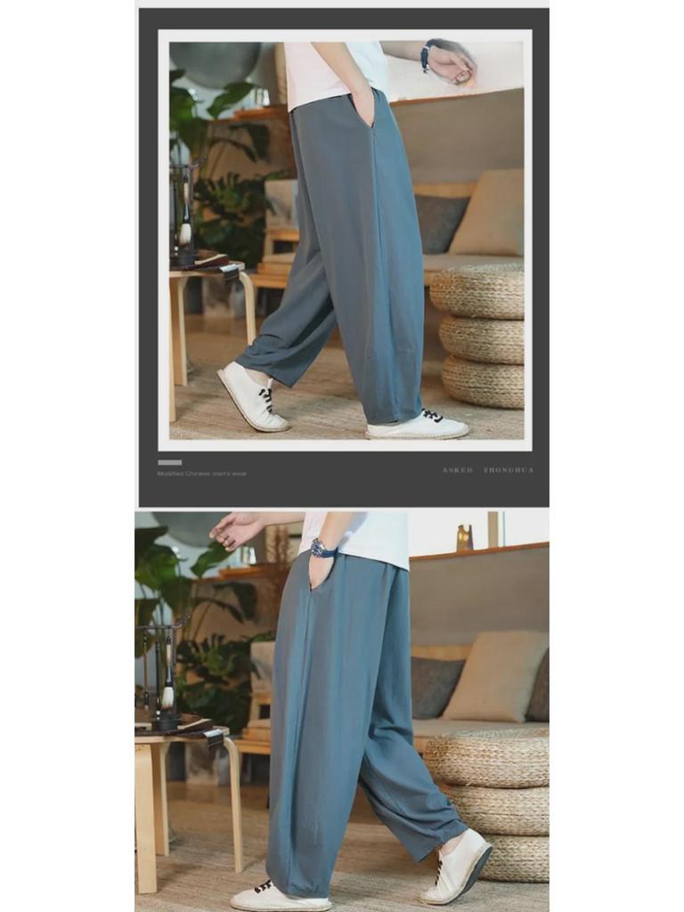 Lockere Leinen-Pumphose im Ethno-Stil für Herren – Tai-Chi-Hose mit weitem Bein für Frühling und Sommer
