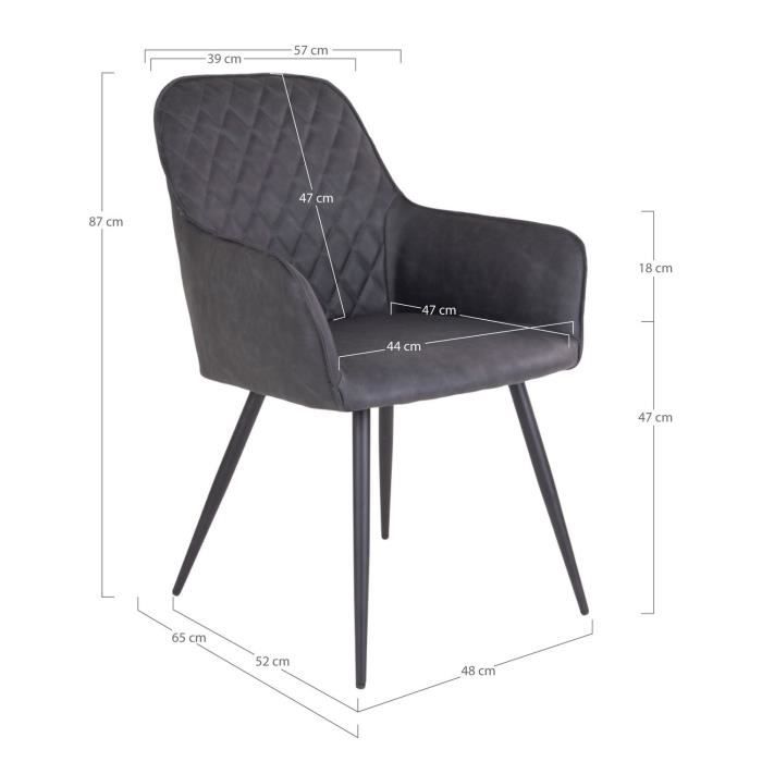Chaise de salle à manger - Harbo - Cuir synthétique gris foncé - Pieds en métal noir - Accoudoirs inclus