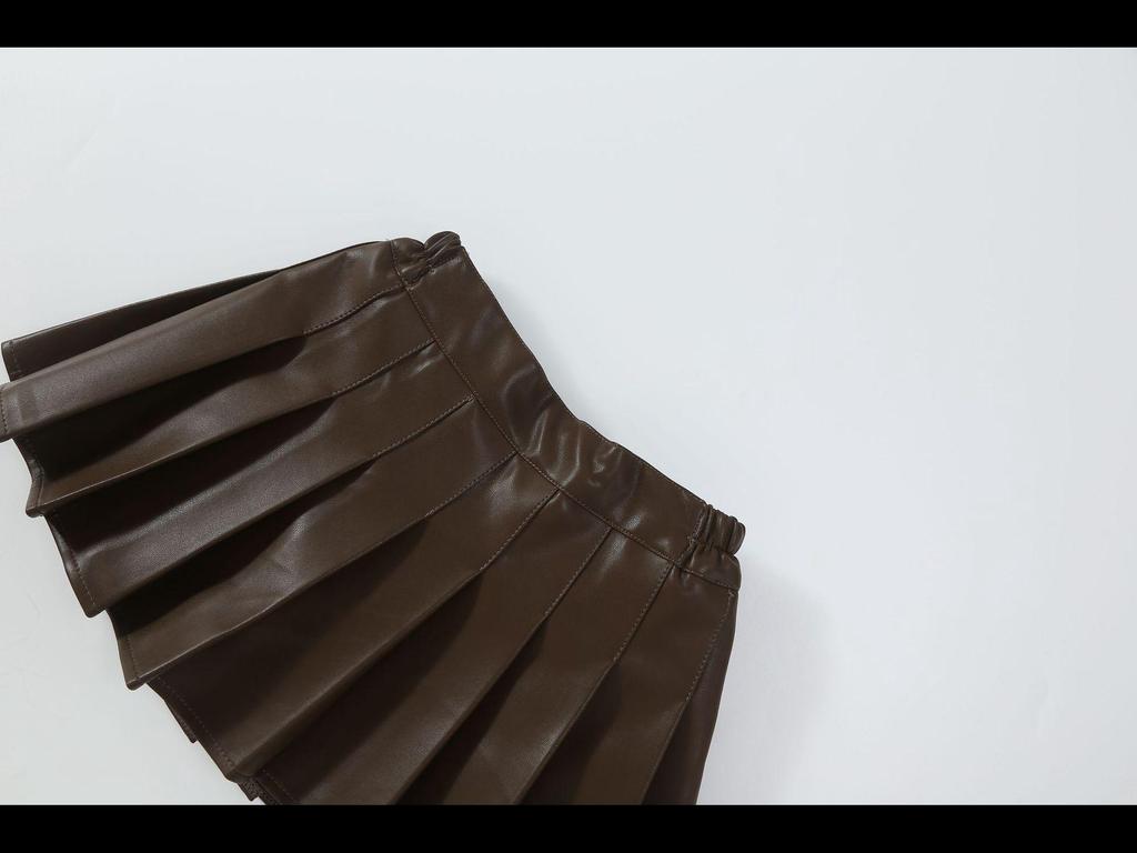 Mädchen-A-Linien-Rock aus schwarzem, plissiertem PU-Leder mit hoher Taille für Herbst und Winter