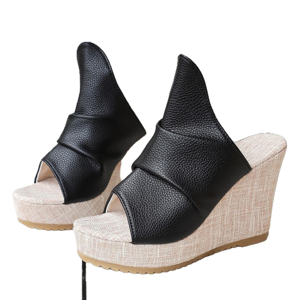 Módní Letní Nové Univerzální Dámské Pantofle 10cm Klínek Vysoké Podpatky Silná Podrážka Sandály s Otevřenou Špičkou Pantofle Černá Římský Styl Nazouvací Boty