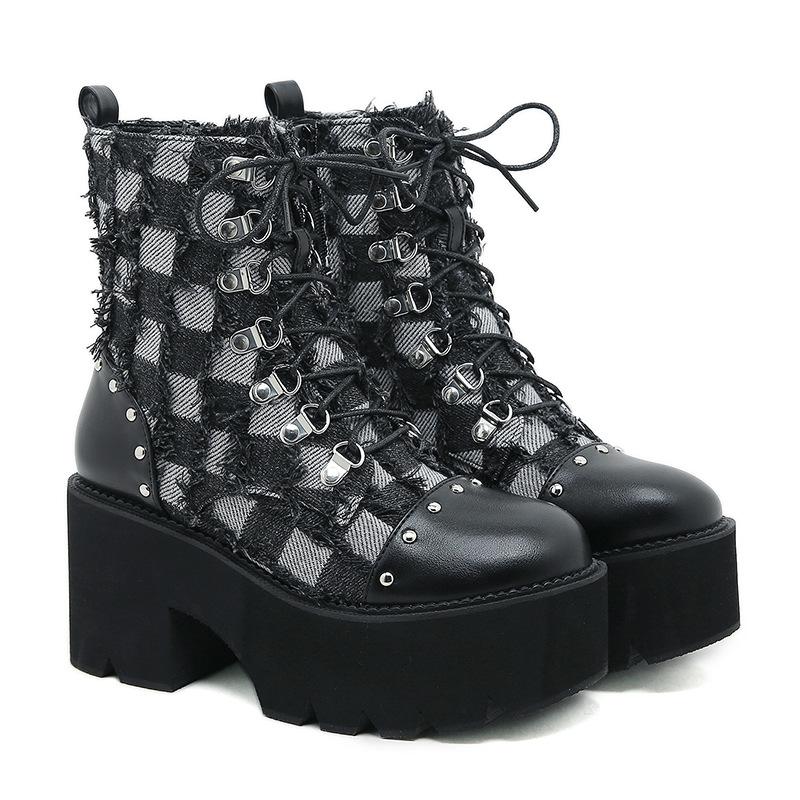 

Женская обувь в черную клетку, цепочка, утолщенная подошва, водонепроницаемая, настольная женская обувь, толстый высокий каблук, короткие ботинки 43 темно-серого