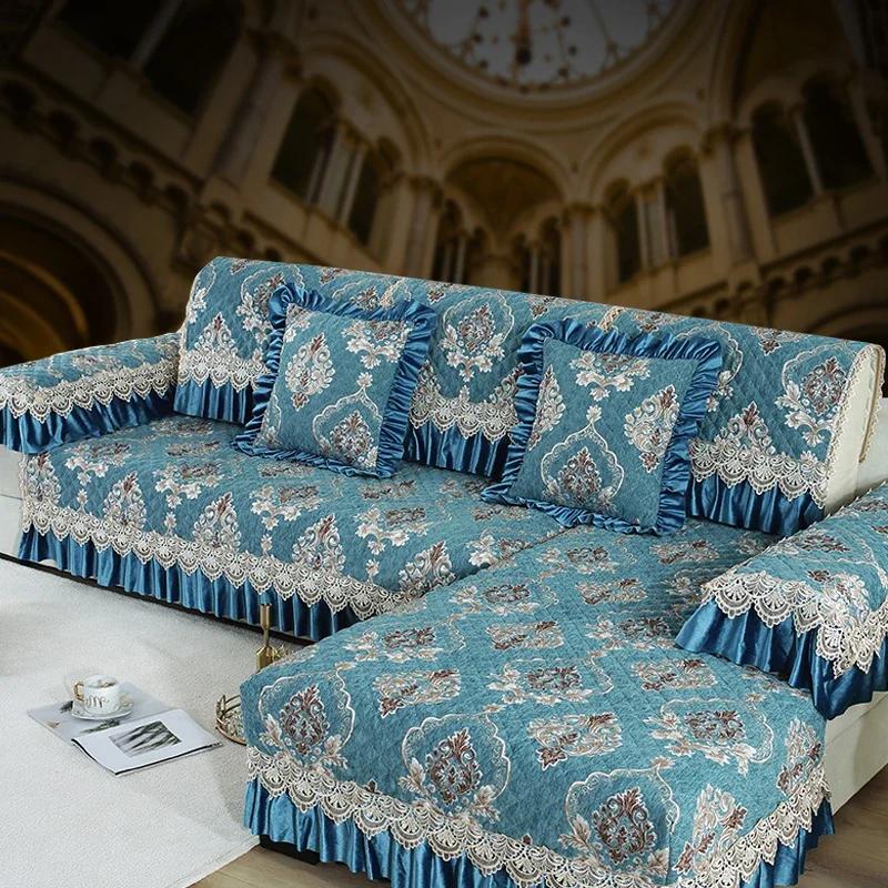 Tapete de sofá de chenille de luxo estilo europeu, tecido com flores grandes, almofada de assento antiderrapante, capa de sofá de madeira maciça de inverno com cobertura total