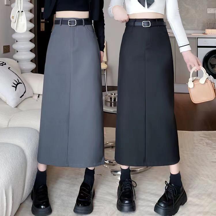 2024 High-End Slimming A-Line Skirt: High Waist, Midi Length, Versatile Slit Design for Spring & Autumn