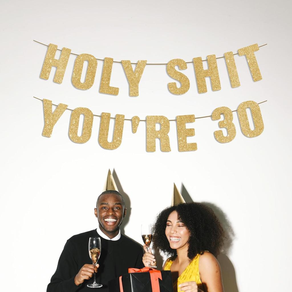 Happy 30th Birthday Decorations for Her & Him, Funny 30 Year Old Party Sign for Women & Men, Pre-Strung 30th Party Banner - Gold Glitter