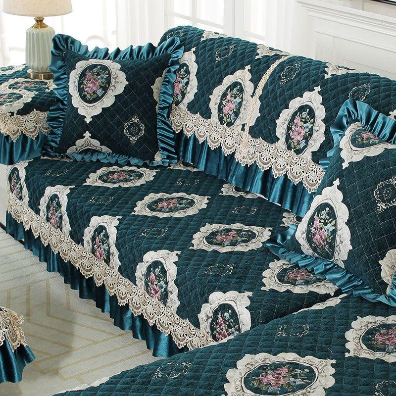 Thicken Lace Embroidered Sofa Cover Cotton Padded Chenier Sofas Cushion L Anti Slip Seat Cushion Furniture Protection Dust Covers Cloth