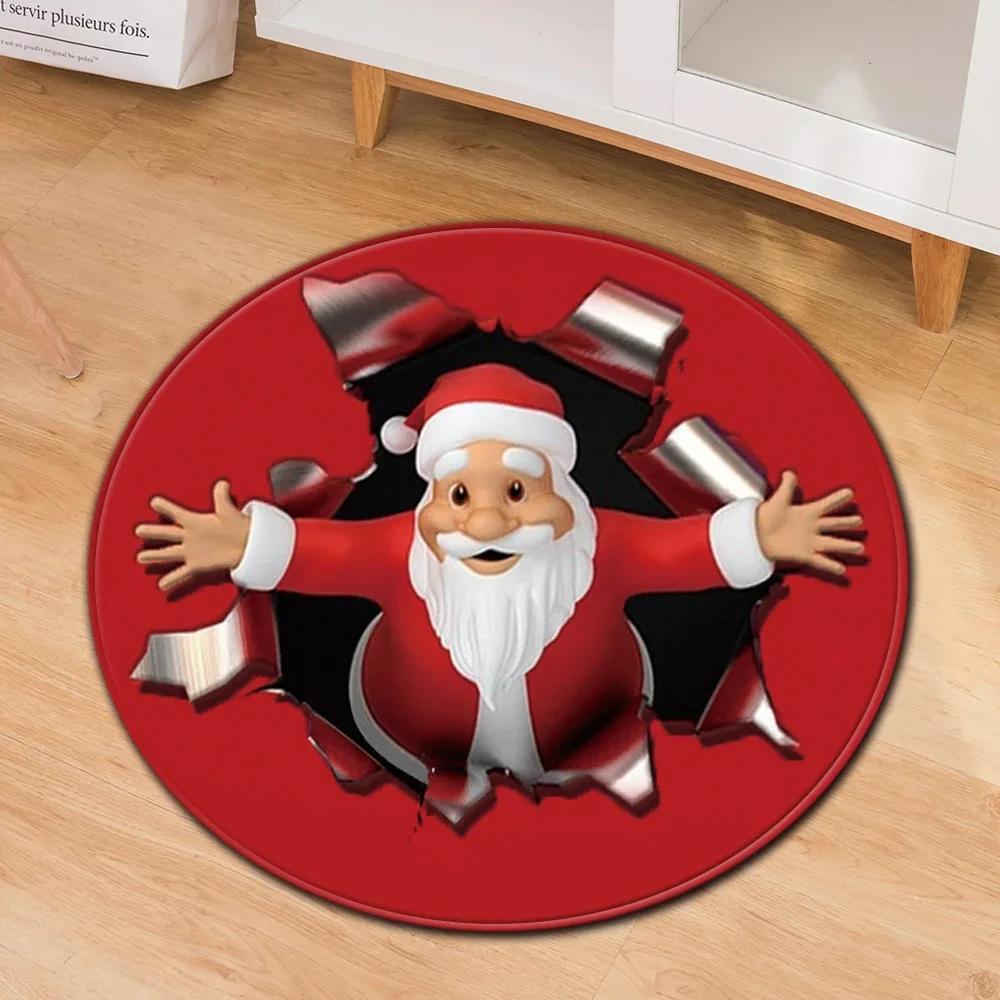 Santa Claus Round Carpet Christmas Theme Rug for Kids Teen New Year's Gift Living Room Bedroom Decor Anti-Slip Circle Floor Mat