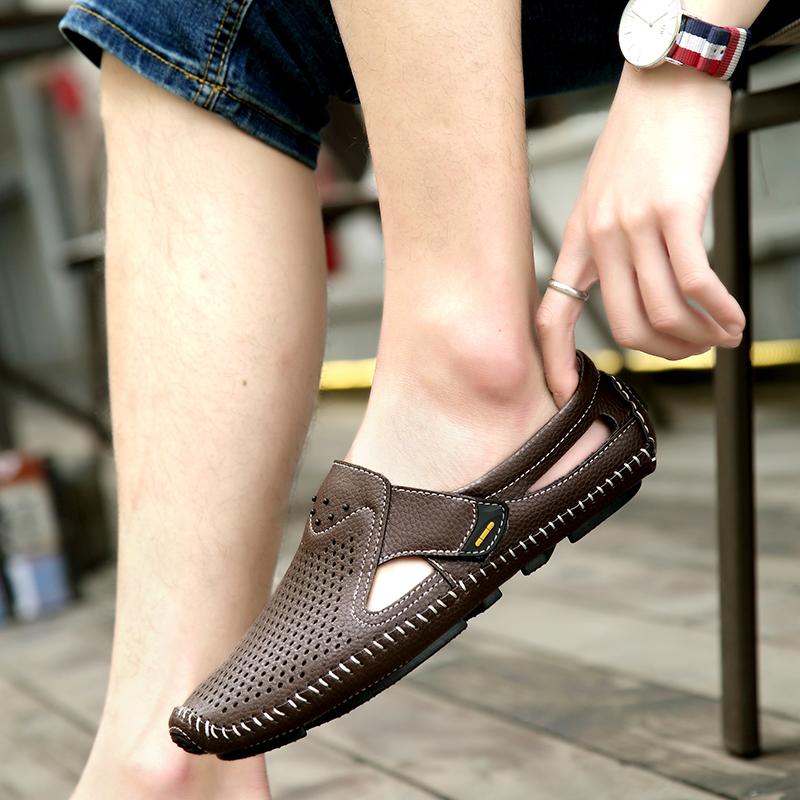 Summer Man's Sandals Soft Leather Men Shoes Slip Hollow Out Casual Fashion Trends Male Comfortable Driving Flats Daily Men Shoes