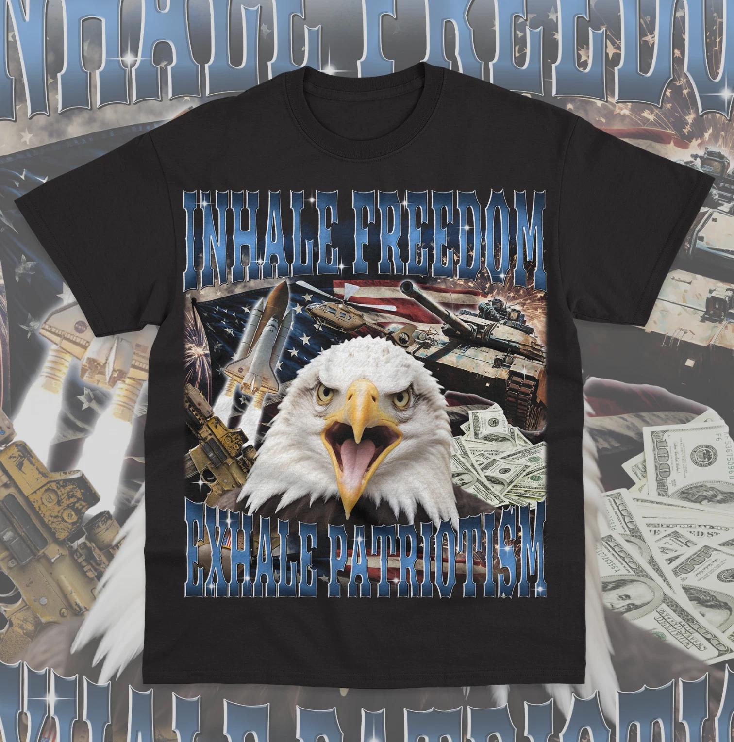 Inhale Freedom Exhale Patriotism T-Shirt Funny Meme Eagle Badge American Shirt M