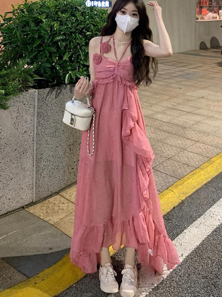 Backless Irregular Summer Dress Women Elegant Pink Elegant Strap Flower Slim Ladies Jacquard A Line Holiday Dresses