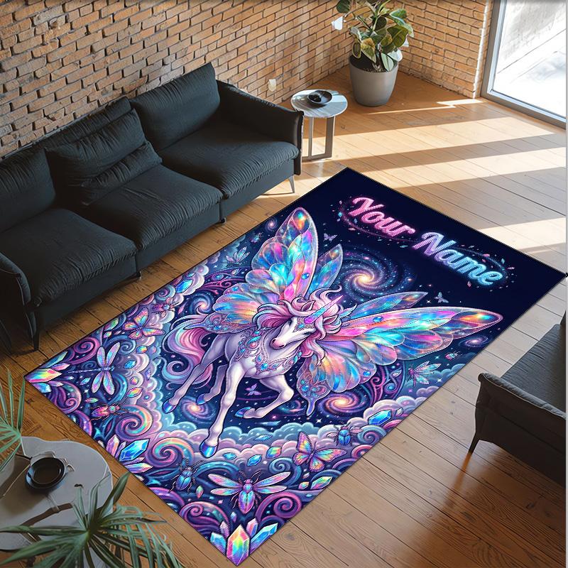 Unicorn Theme Crystal Velvet Floor Rug Personalized Custom Name Text Warm Carpet Home Decoration