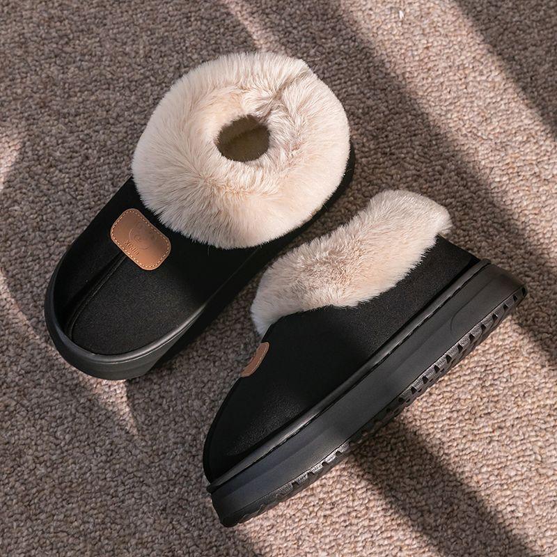 Baumwollpantoffeln mit Fersenpolster, Damen tragen hochgeschnittene Samt-Schnee-Stiefel mit dicker Sohle im Winter, und das Fell ist integriert, um zu Hause warm zu halten, Baumwollschuhe Herren