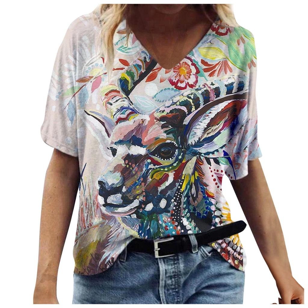 Fashion Women's Summer Printed Short Sleeve Crew-Neck T-Shirt Casual Tee Tops