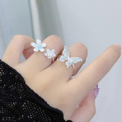 Small Fresh Niche High Sense Butterfly Flower Opening Ring Enamel Dripping Oil Adjustable Full Diamond Zircon Ring Woman