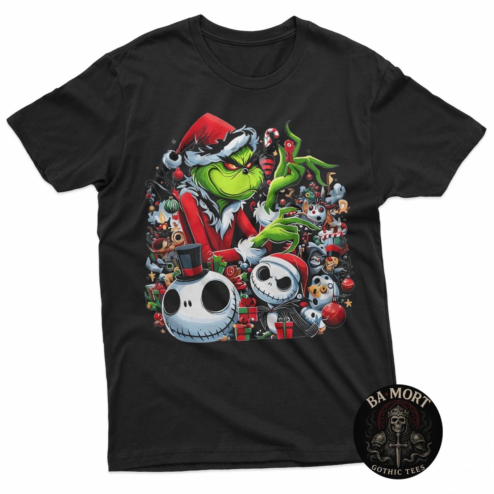 Grinch And Skeleton Christmas Mashup Dark Holiday Crossover 100% Cotton T-shirt Mens Tees Top L