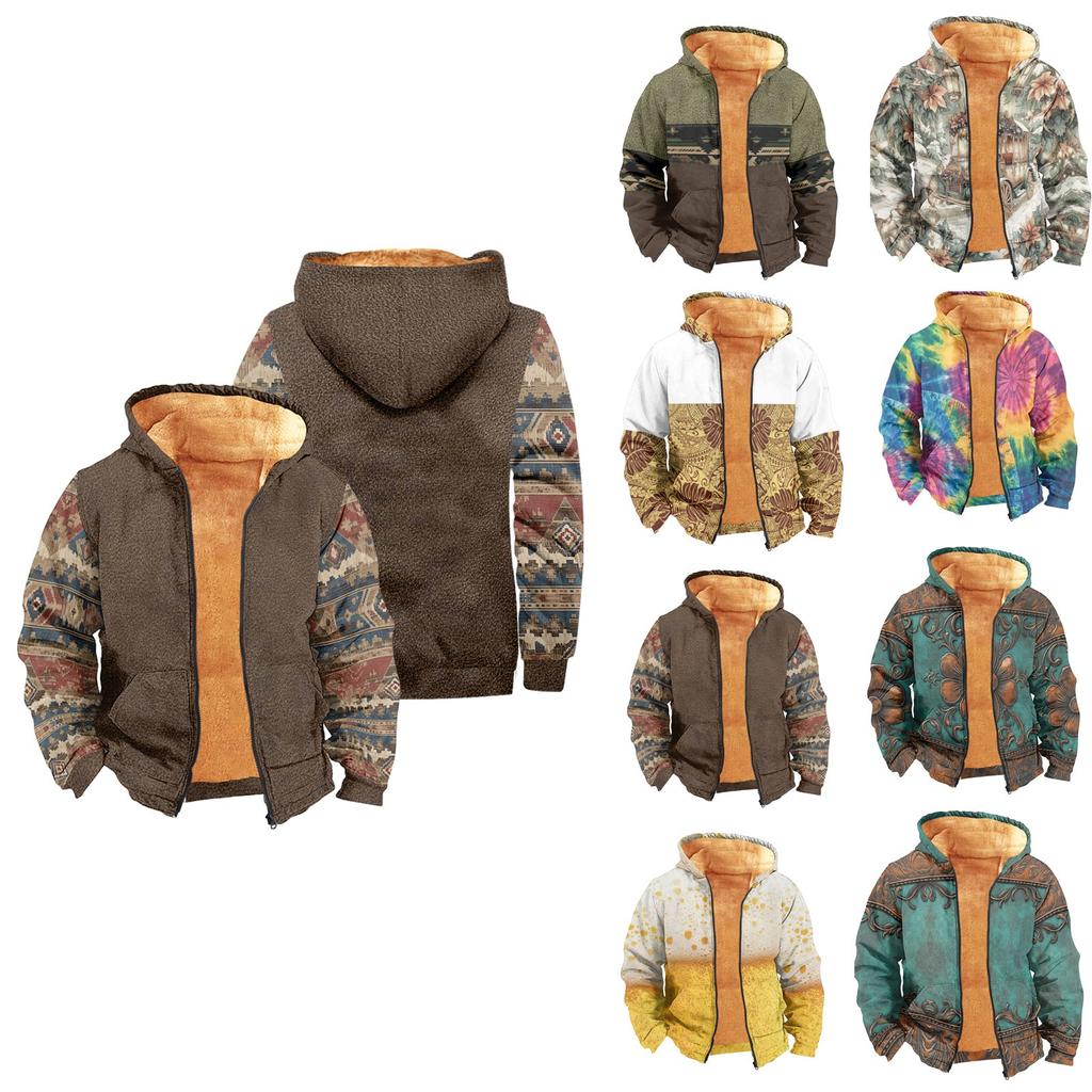 Men's Print Long Sleeve Pocket Coat Fashion Plus Velvet Overcoat