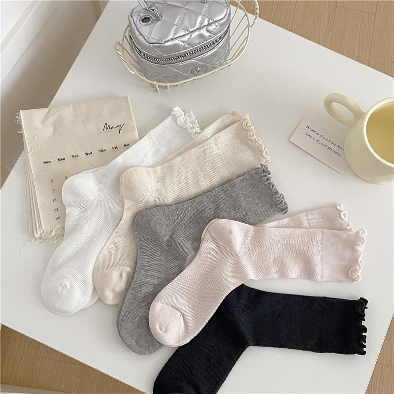 Thin Lace Socks Women'S Summer Hollow Mesh Boneless Pile Socks Wind Fungus Edge Socks Solid Color Mid-Tube Socks