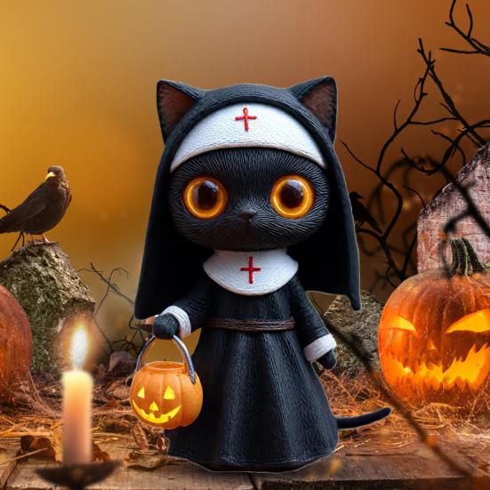 Halloween Nun Cat Statue Black Cat Figurine with Pumpkin Bucket Gothic Witchy Decor Fantasy Collectible Sculpture for Cat Lovers