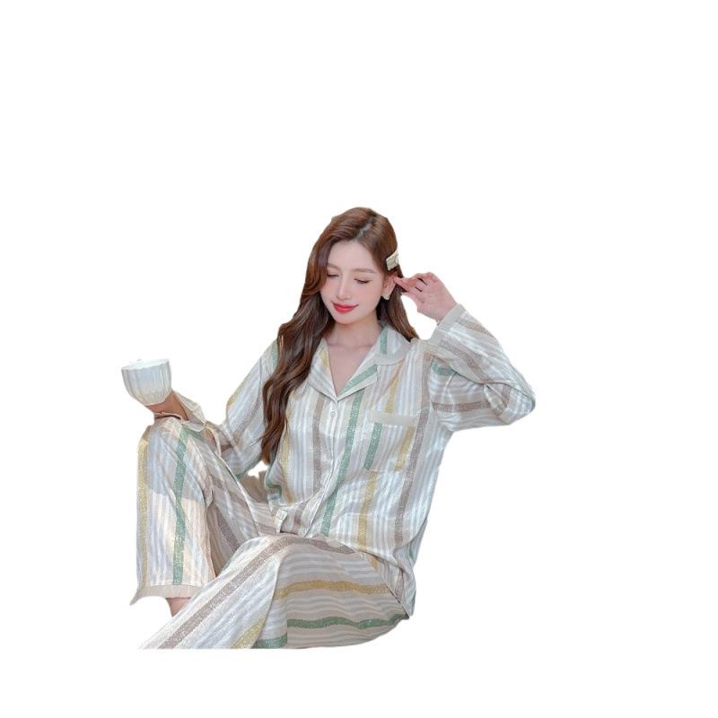 New women's ice silk striped long-sleeved trousers pajamas set cardigan Korean version of high-end simple loungewear