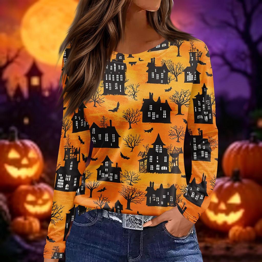Women's Long Sleeve Halloween Print Top Round Neck Casual Pullover Shirt with Split Hem Lightweight Fabric for Seasonal Wear