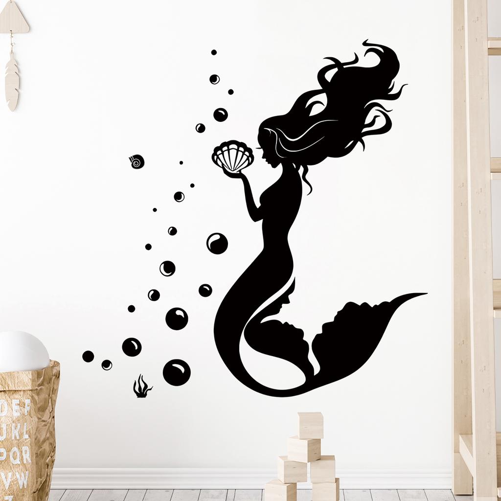 Black Bay Mermaid Silhouette Wall Stickers for Girls Room Children Room Decoration Wall Art Bedroom Decor for Living Room