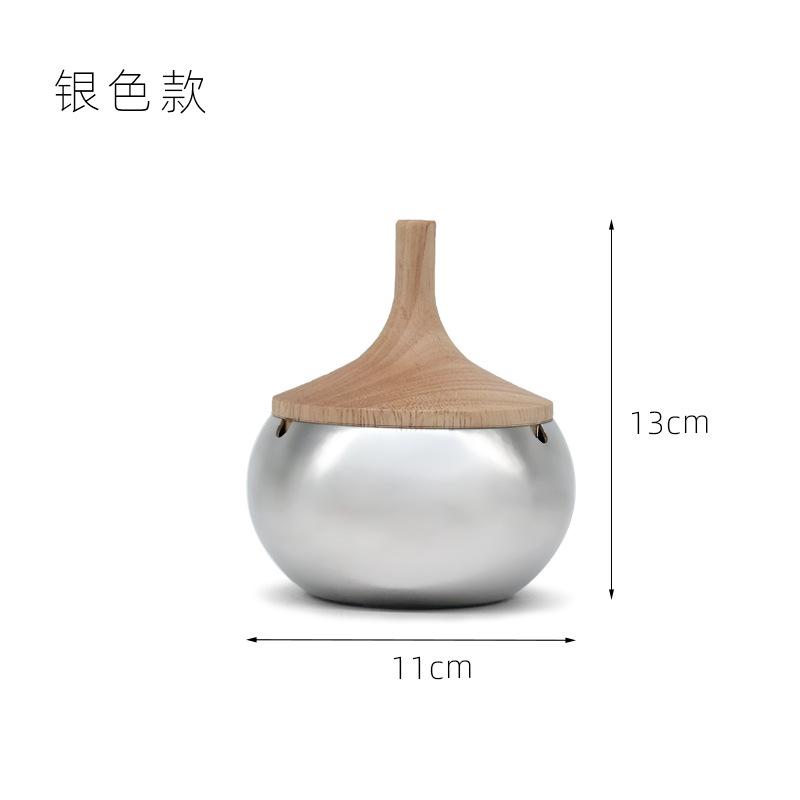 Stainless Steel Wooden Lid Ashtray Large Household Living Room Office Cigarette Holder Anti-Flying Ash Fall Thickened Silver