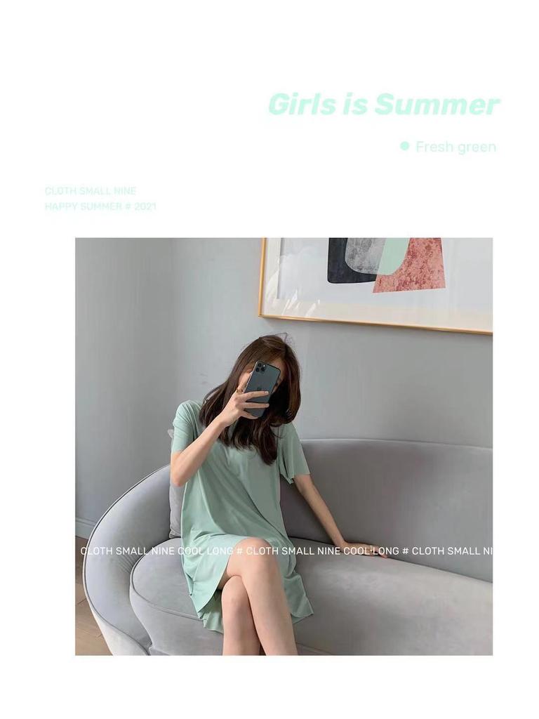 Women's Summer Ice Silk Long Nightdress: Loose Fit, Round Neck, Modal Fabric, Solid Color