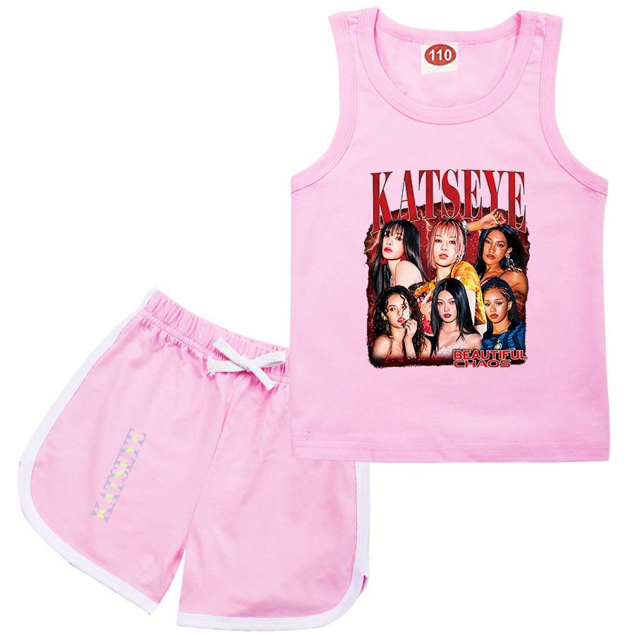 

9198 Children Fashion Girls Singer Katseye Printed Sleeveless T-Shirt Tank Top Shorts Clothes Set 160cm рожевий