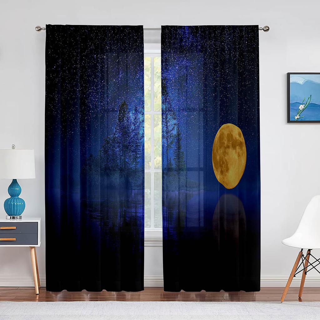 Night Sky Full Moon and Foggy Clouds with Sea Ocean Tulle Curtains for Living Room Bedroom Sheer Voile Kitchen Window Curtain
