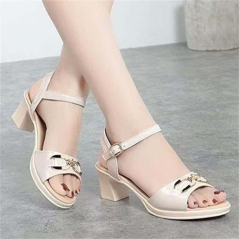 

2025 лето новые сандалии женские мягкая кожа мягкая подошва средний каблук толстый каблук мать рыбий рот с открытым носком модная женская обувь 35