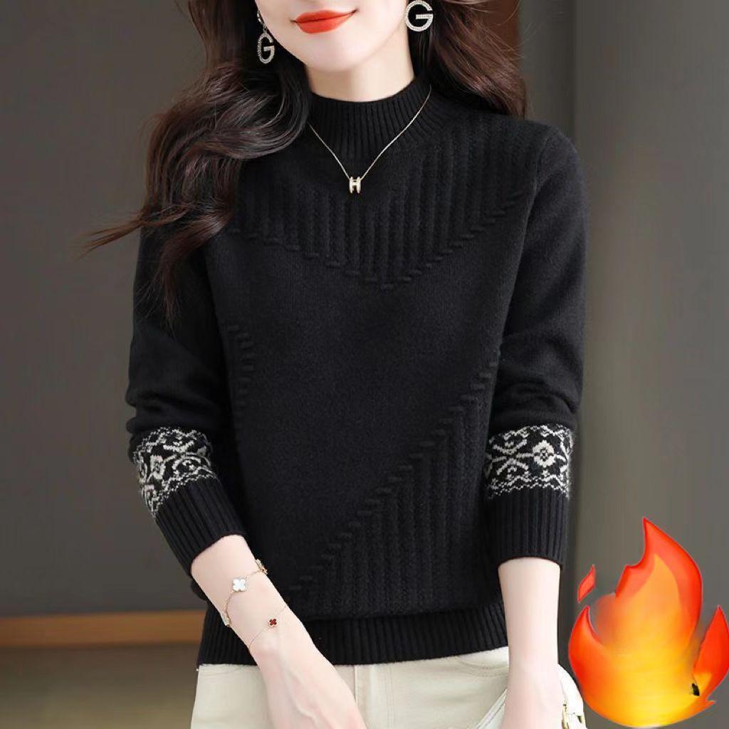 

Свитер с высоким воротником Женский Стильный Осенне-зимний Пуловер Женский Свободный Утепленный Вязаный Свитер Топ с круглым вырезом 3XL чёрный