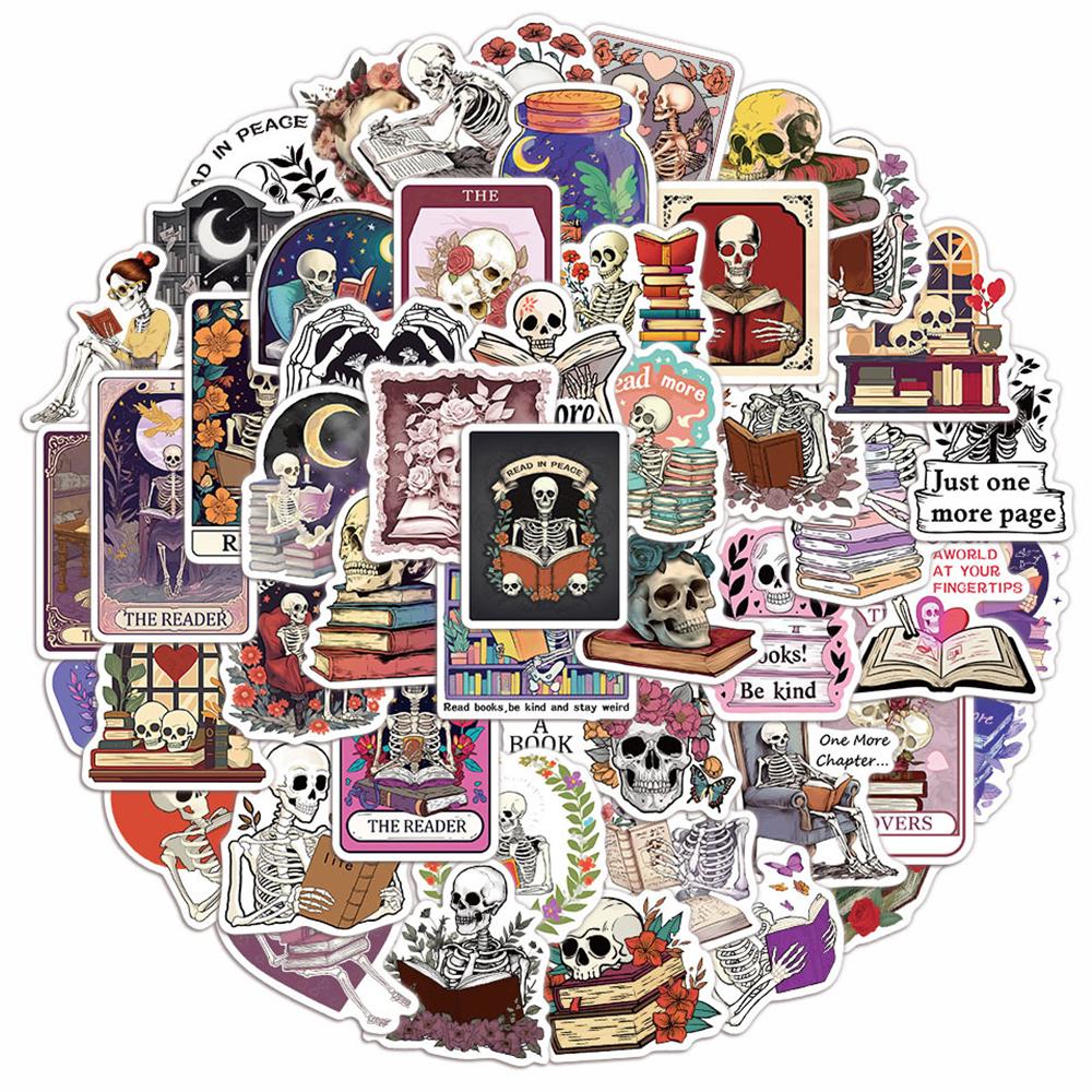 10/30/50pcs Skeleton Skull Reading Book Cartoon Stickers Creative Graffiti Decals DIY Laptop Journal Notebook Funny Sticker Pack