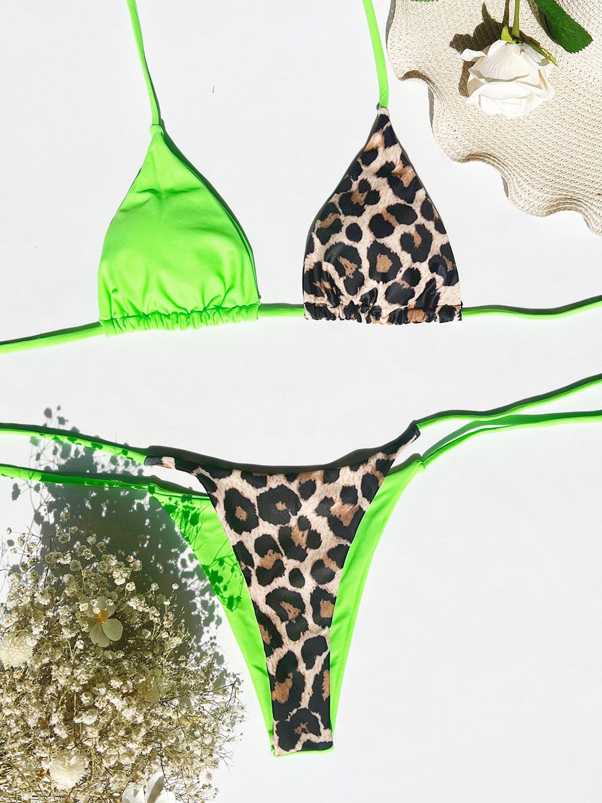 

Жіночий купальник з леопардовим бікіні з 10-ма кольорами. Жіночий купальний костюм із двох частин. Комплект бікіні. Купальний костюм для купання. M зелений/леопардовий