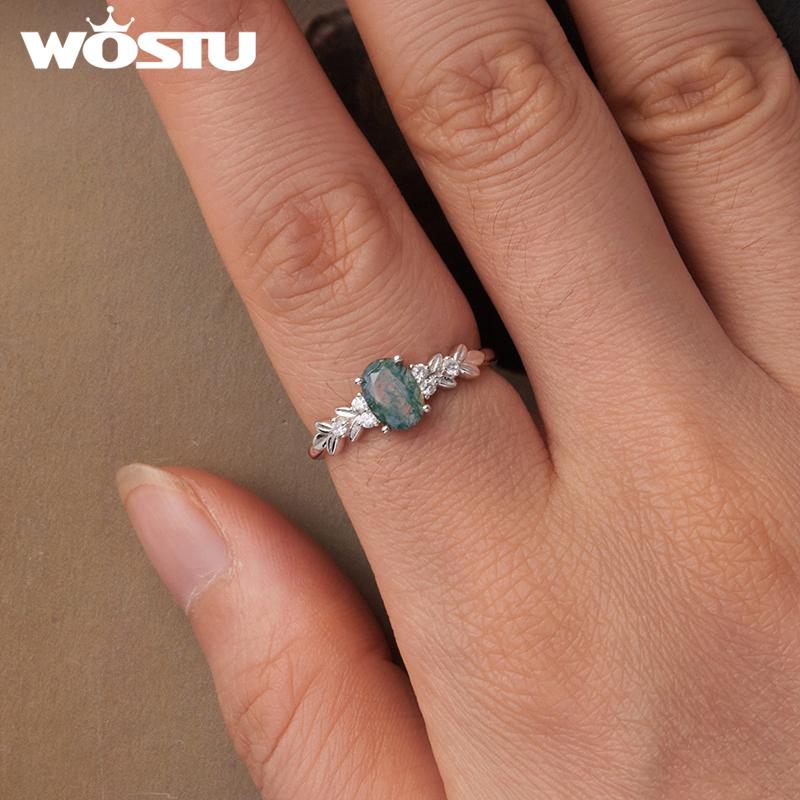WOSTU Natural Moss Agate Ring For Women 925 Sterling Silver Oval Cut Sea Grass Agate Flower Rings Wedding Party Jewelry Gift