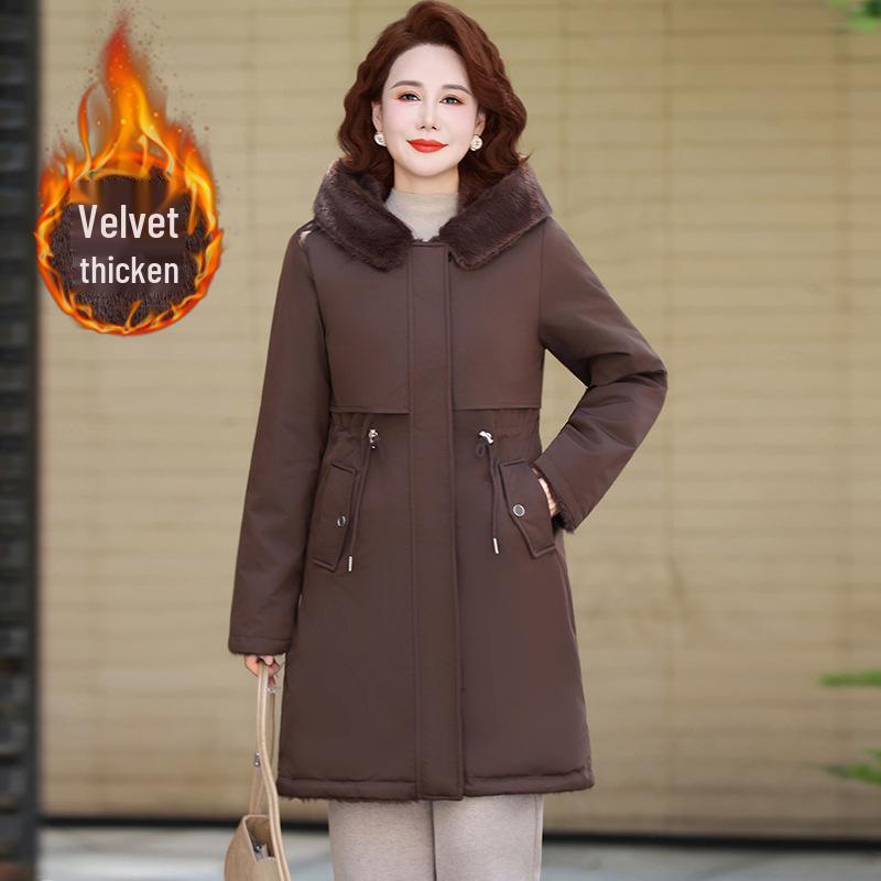 

Mom s 2025 Winter Parka: Mid-Length, Double-Sided Cotton Jacket with Velvet for Middle-Aged and Elderly Women. XL (90-105 lbs) кавовий
