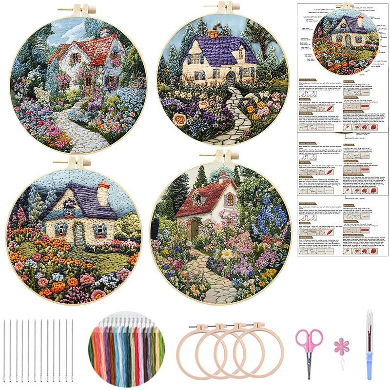 1 Set Garden and Patio DIY Embroidery Material Kit, Suitable for Beginners, Includes Tools, Stitch Tutorials, and Fabric Material Packs