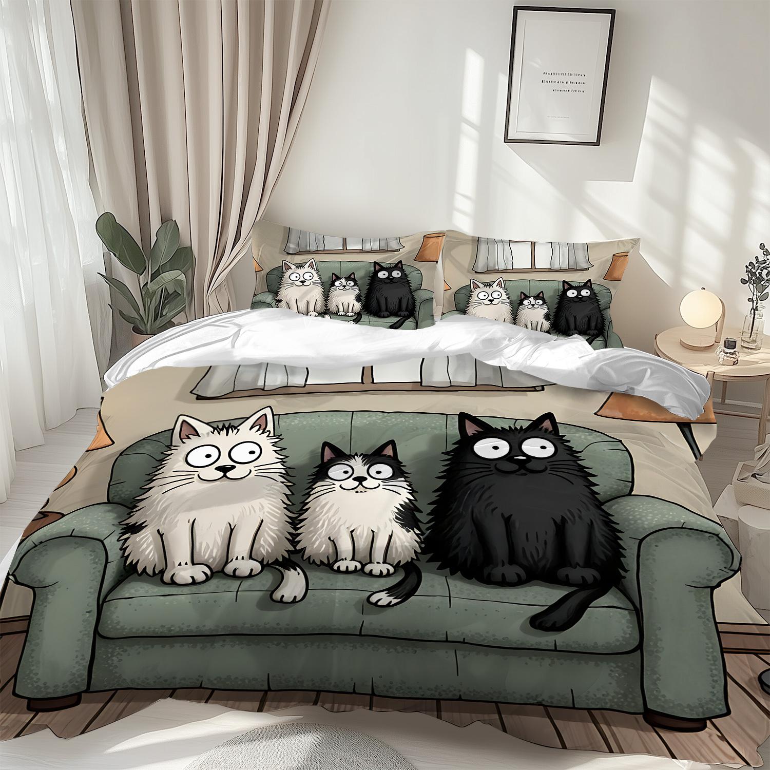 

Carton Cats Gren Couch Soft Duvet Cover Set - 1 Comfortable Quilt Cover + 2 Pilowcases Al Season Warm Comforter Beding Set for Children Kids And Adult 100*200cm Single