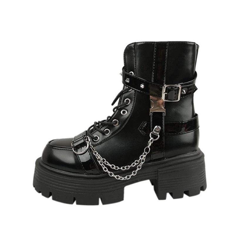  Chain Decor Platform Martin Boots Women Lace Up Side Zipper Ankle Boots