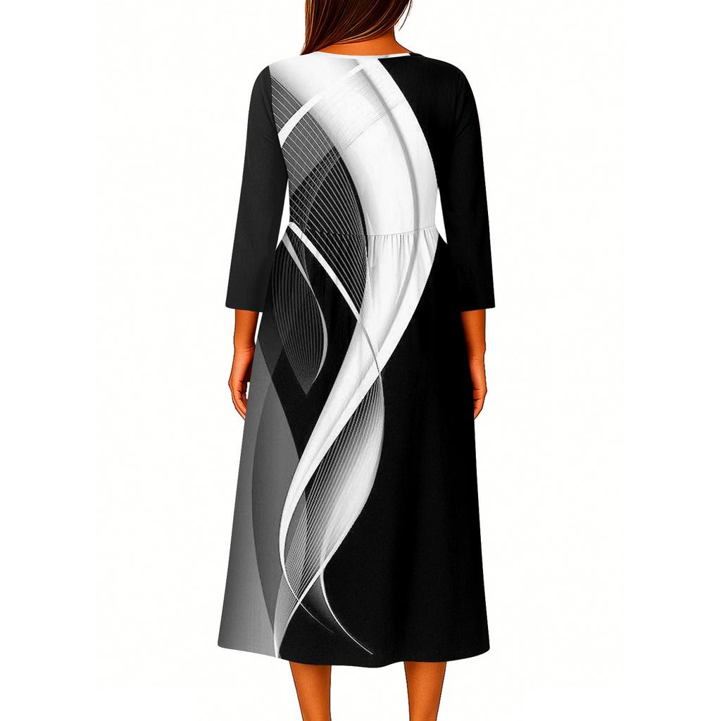 Dámské módní tištěné kulaté sedmiminutové rukávy knoflíkové volné košilové šaty