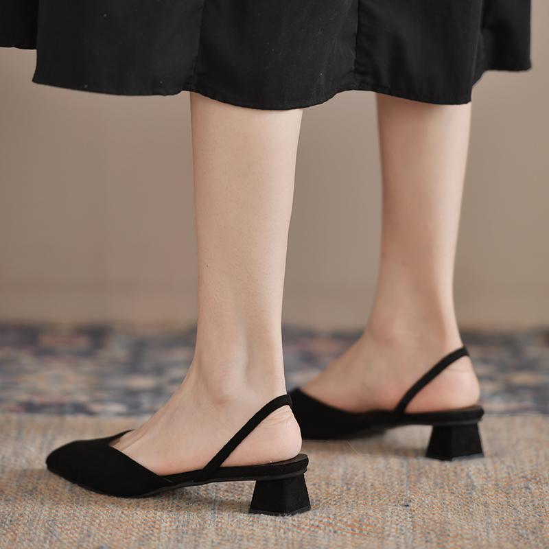 Summer 2025 New Women Black Baotou Sandals Woman Heels Pumps Silk Sexy Pointed Sandalias Female Low Heels Shoes