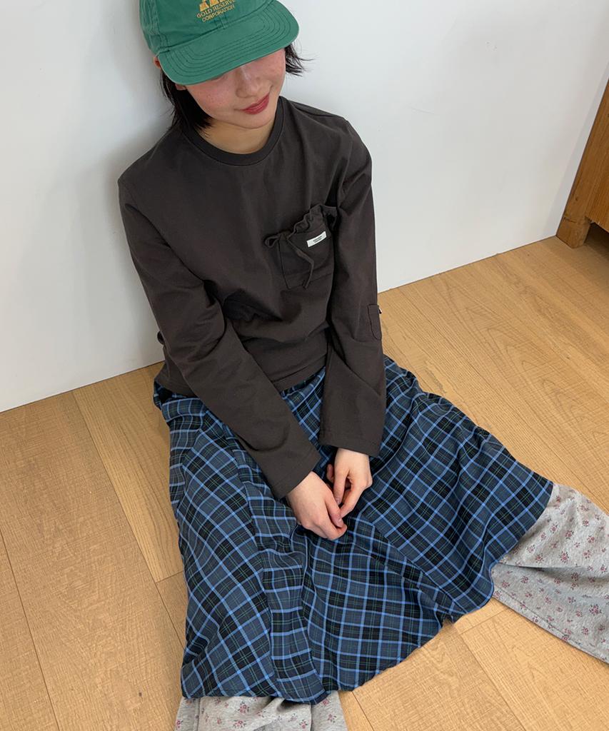 Ronron Check Flare Banding Midi Skirt Blue