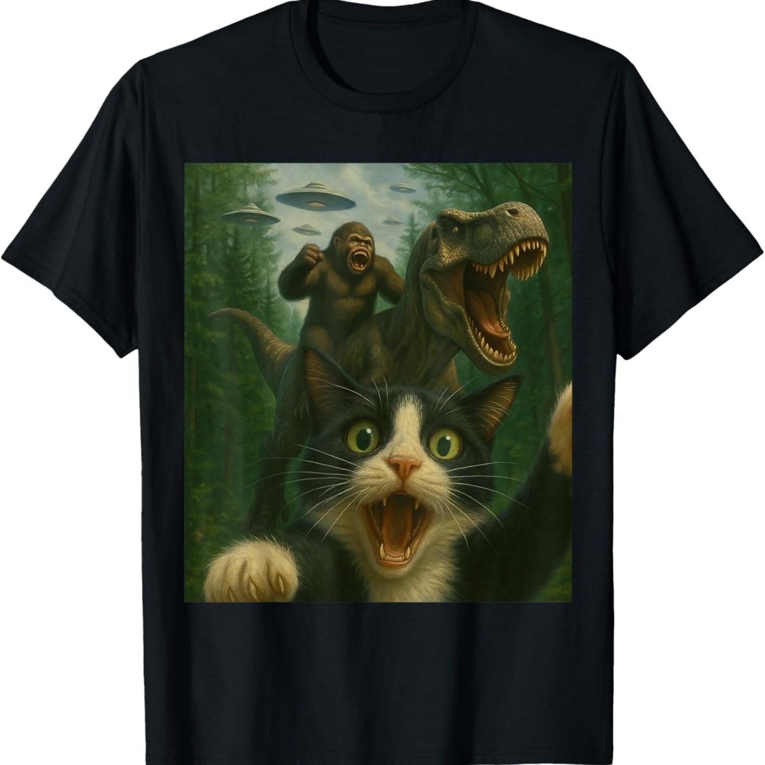 Смешная Удивленная Испуганная Кошка Селфи Тираннозавр Динозавр Бигфут НЛО Футболка S чёрный