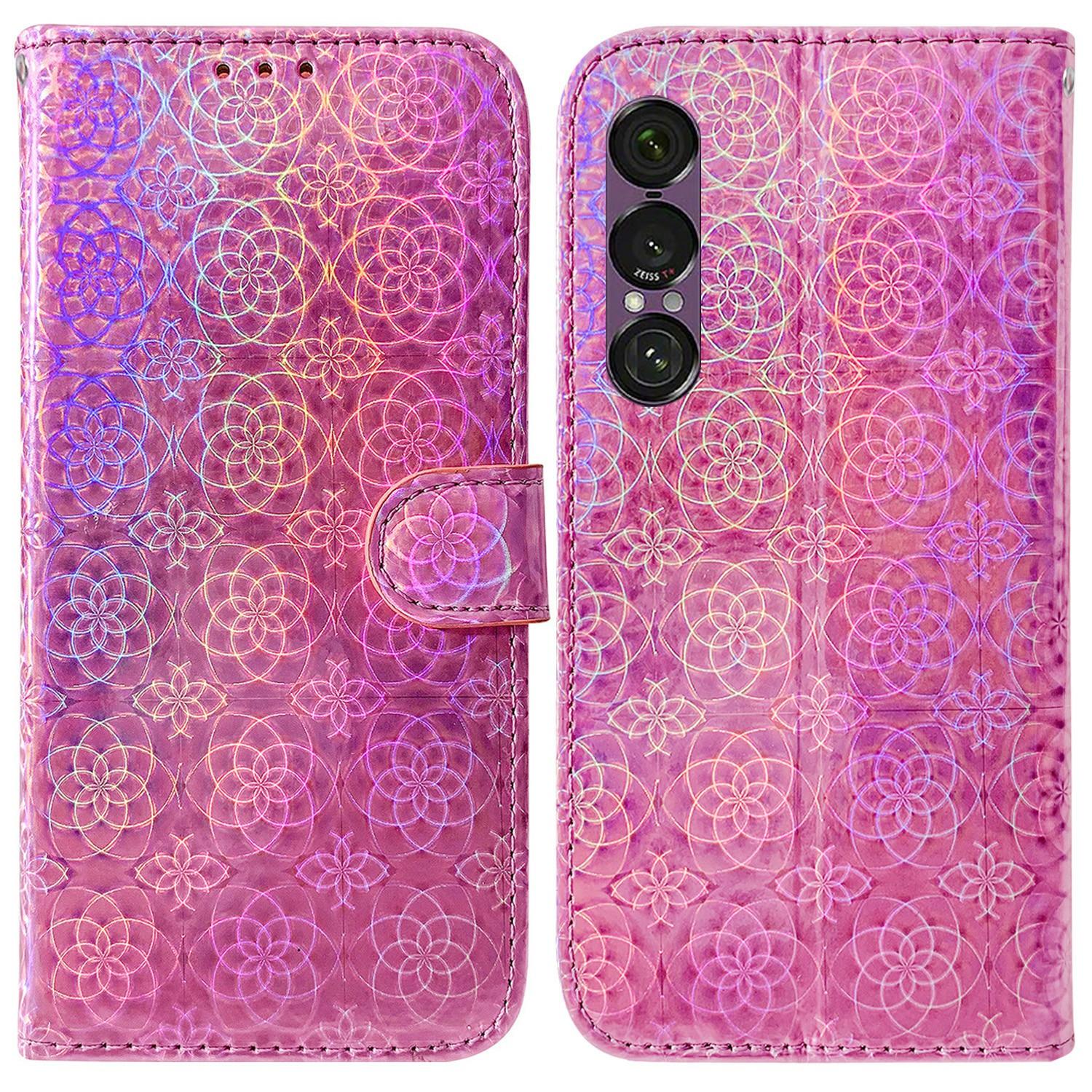 

For Sony Xperia 1 VII Stand Case Dazzling Flower Leather Phone Cover with Wrist Strap Pink