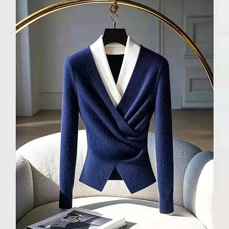 Maglioni da donna a maglia slim eleganti con scollo a V, patchwork, per il lavoro, pullover