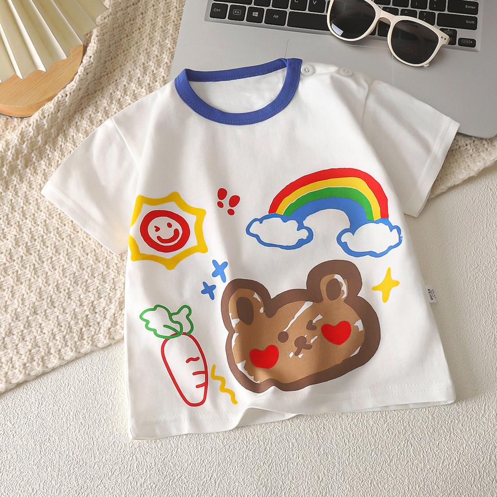 Kortärmad T-shirt för barn Bomull Sommar Babykläder Pojkars Tunn Stil Flickors Topp