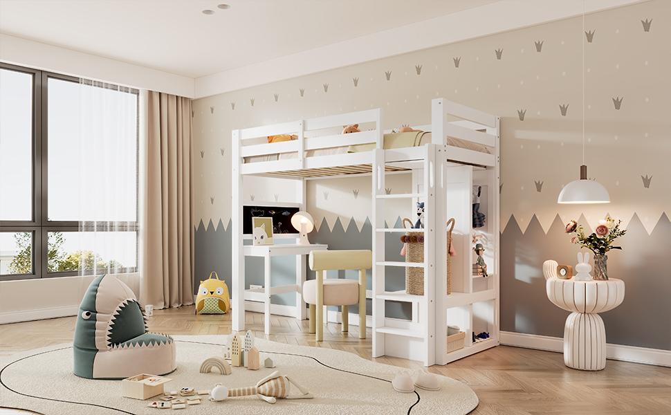 (=AB30624901W)Letto a soppalco per bambini, Scrivania, Armadio aperto e Scaffali, Struttura a doghe e Protezione anticaduta, Superficie di riposo 90x200cm, Bianco (senza materasso)