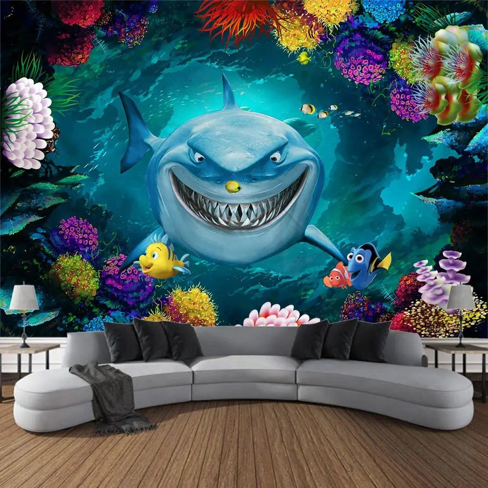Undersea print pattern tapestry psychedelic room wall hanging cloth ocean coral dolphin home decoration cartoon mural cloth
