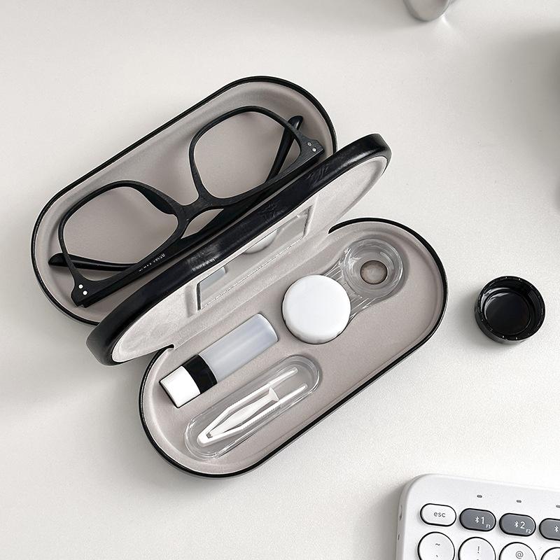 2 in 1 Doppelschichtige Brillenbox Kontaktlinsenbehälter Für Männer Frauen Kreative Duale Nutzung Brillenetui Brillen Lederbox Unisex Geschenk