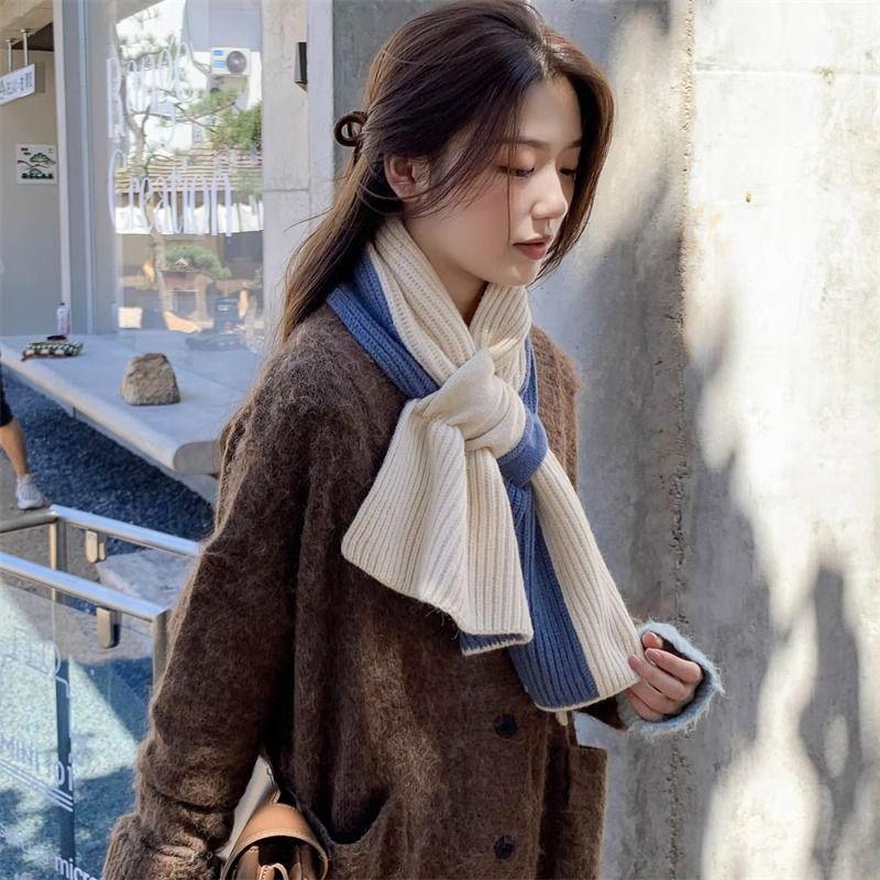 Korean Style Fashionable Casual Color-Blocked Thick Warm Long Scarf For Women