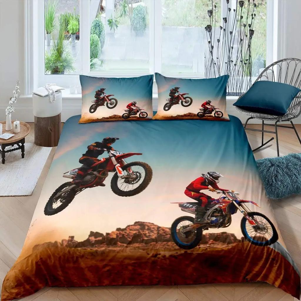 3D Motocross Duvet Cover King Size Microfiber Red Black Dirt Bike Extreme Sports Motorcycle Bedding Set