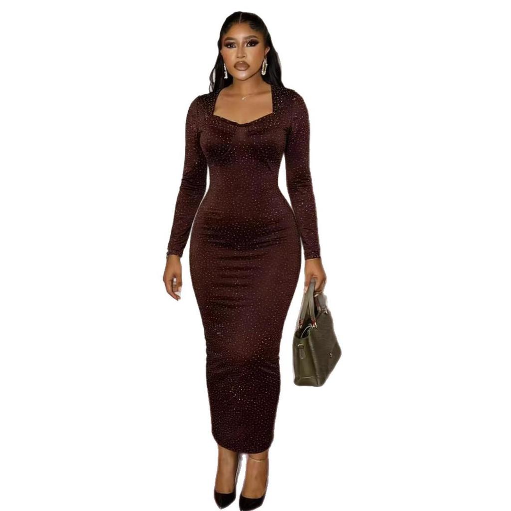 Rochie de seară M10268 Europeană de Lux cu Mânecă Lungă, Croială Slim Fit, cu Detaliu Strasuri Fierbinți